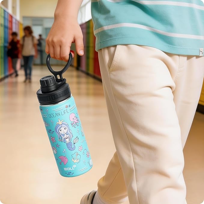 16 oz Water Bottle for Kids -Stainless Steel Double Wall Vacuum Insulated Water Bottle for Girls-Leak Proof, BPA Free-Mermaid