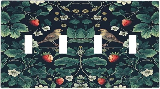 Light Switch Covers Strawberry Birds Flowers Plant Morris Floral Quad Toggle Electrical Faceplate 4 Gang Wall Plate Decorative Switch Plates for Bedroom Farmhouse Decor