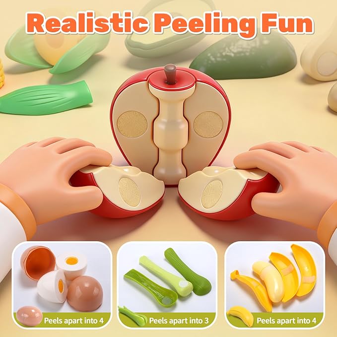 CUTE STONE 70+ PCS Kids Play Kitchen Accessories, Pretend Cooking Toys with Peelable & Cuttable Play Food, Cookware, Tableware & Utensils, Shopping Basket, Tray, Educational Gift for Girls & Boys