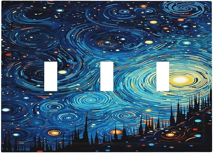 Decorative Light Switch Cover Plate Abstract Starry Night Style 3 Gang Wall Plate Triple Toggle Switch Plate Covers Electrical Outlet Cover for Home living Room Decor