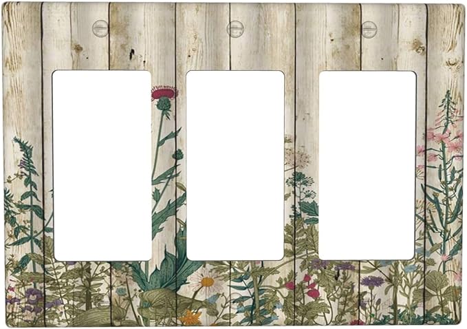 Vintage Wild Flowers Botanical Green Leaves Plants 3 Gang Rocker Light Switch Covers Decorative Rustic Wood Plank Triple Outlet Wall Plate Cover Faceplate Decorative Switchplate GFCI for Farmhouse