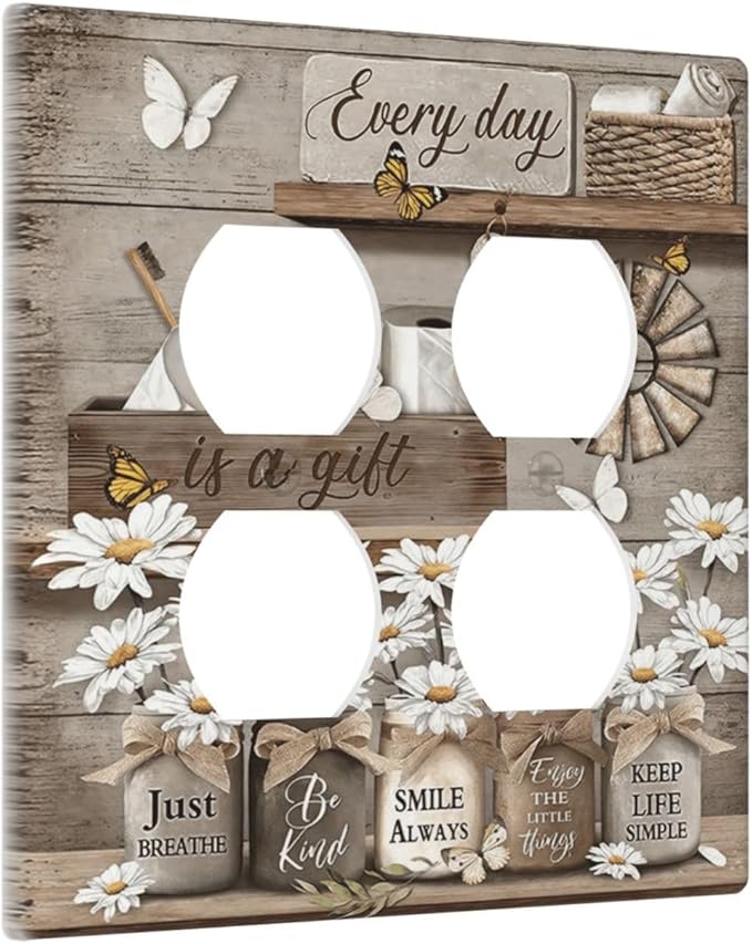 Rustic Daisy Flower Butterfly Inspirational Cottage Outlet Covers 2 Gang Double Duplex Decorative Light Switch Covers Electrical Wallplates Socket Faceplate for Farmhouse Bedroom Decor