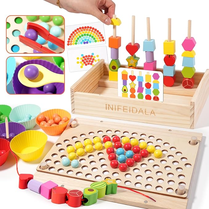 INIFEIDALA Montessori Toys for 3 4 5 Year Old, Stacking Blocks, Lacing Beads & Shape Stacker, Wooden Peg Board Beads Set, Fine Motor Skills & STEM Preschool Learning Gifts for Toddlers Boys & Girls