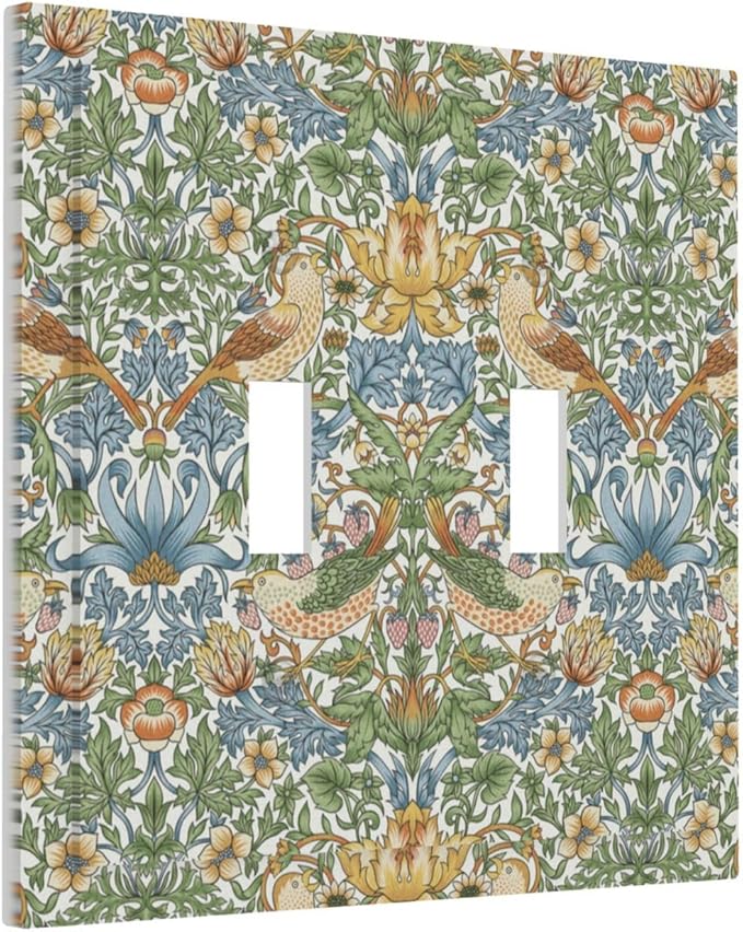 William Morris Strawberry Thrush Birds 2 Gang Light Switch Cover Double Toggle Wall Plate Vintage Floral Flowers Plant Electrical Switchplate Covers for Country Bedroom Home Décor