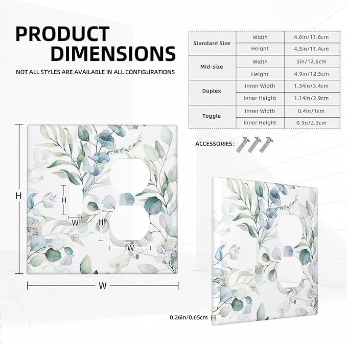 2-Gang 1-Toggle 1-Duplex Combination Wall Plate Watercolor Spring Eucalyptus Green Saga Leaves Nature Botanical Floral Two Combo Double Device Toggle/Outlet Receptacle Light Switch Faceplate Cover