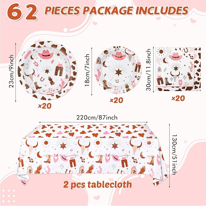 62Pcs Cowgirl Party Decorations Pink Western Cowgirl Party Supplies, 20 9'' Plates 20 7'' Plates 20 Napkins and 2 Cowgirl Tablecloth for Wild West Cowgirl Theme Birthday Party Baby Shower Dinnerware