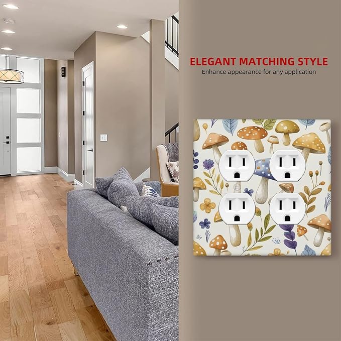 Boho Watercolor Mushroom Flowers Leaf Colorful Floral Outlet Covers 2 Gang Double Duplex Decorative Light Switch Covers Electrical Wallplates Socket Faceplate for Kids Room Nursery Decor