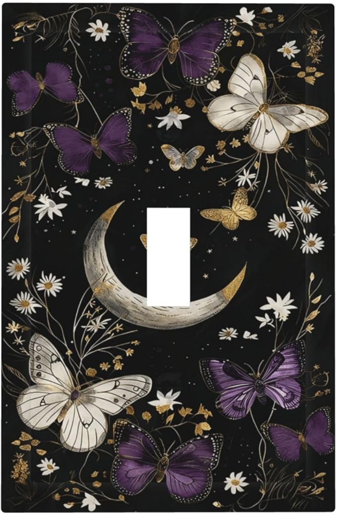 Decorative Light Switch Cover Plate Boho Crescent Moon Butterfly 1 Gang Single Toggle Wall Plate Electrical Outlet Covers Decorate Switch Plate Cover for Bedroom Home Decor