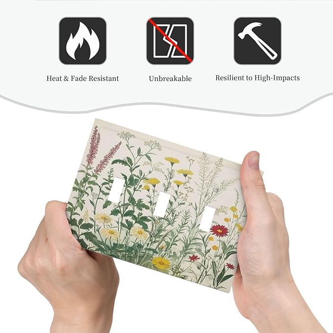 Rustic Wildflower Green Plants Daisy Floral Decorative Switch Plates 3 Gang Wall Plate Triple Toggle Light Switch Cover Faceplate Electrical Wall Panels For Farmhouse Bed Room Decor