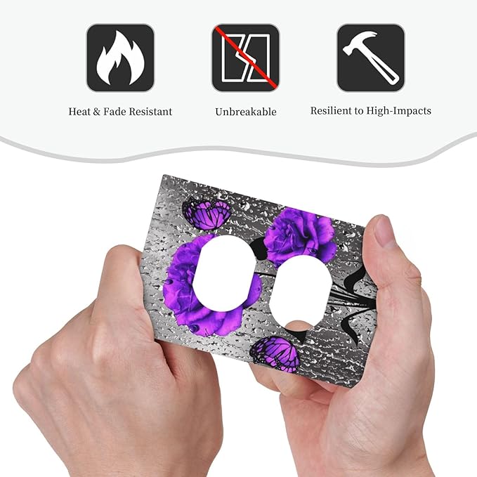 Purple Rose Butterfly Print 1 Gang Duplex Wall Plate Receptacle Outlet Covers Romantic Blossom Flowers Floral Raindrops Art Decorative Electrical Dual Device Light Switch Plug Socket Faceplate Cover