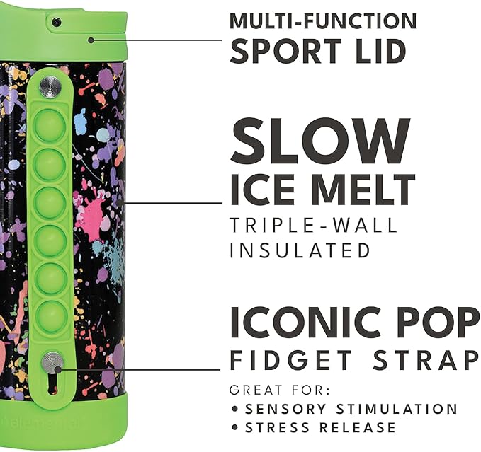 Elemental Iconic Kids Water Bottle with Straw Lid & Stress Relief Pop It Handle, Leak-Proof When Closed, Triple Insulated Kids Stainless Steel Water Bottle For Girls and Boys, 14oz -Green Splatter