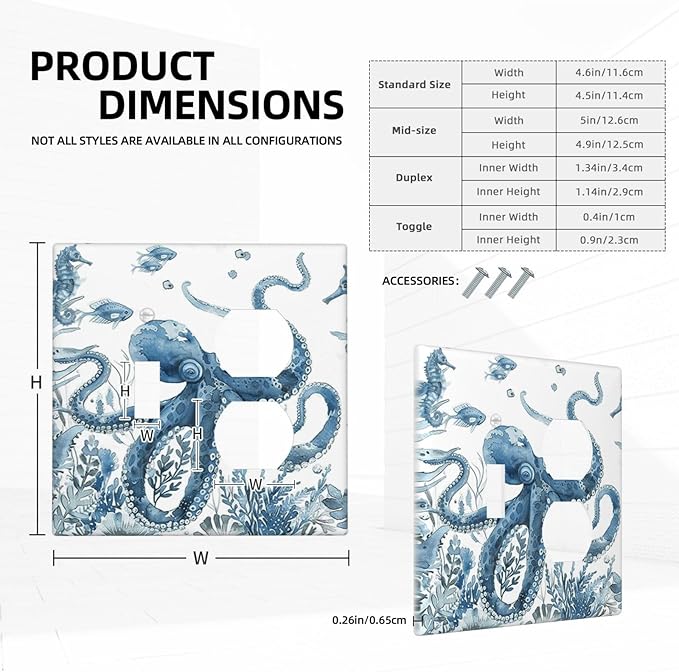 Blue Octopus Squid Seahorse Coral Watercolor Wild Sealife Wallplates 1 Toggle 1 Duplex Switch Plate Electrical GFCI Faceplate Decorative Light Switch Covers for Bathroom Kids Room Decor