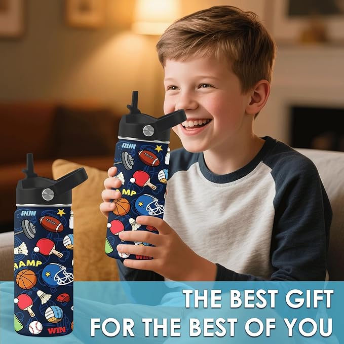 Sports Gifts for Men & Women - 16oz Water Bottle with Straw Lid, Stainless Steel Insulated Bottle, Leakproof, BPA-Free, for Boys Girls, School, Travel - Sport Balls Lovers Kids Birthday Gift Cup (1pc)