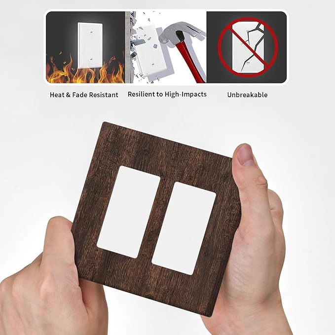 Decorative Outlet Covers with Rustic Dark Wood Grain & Vintage Style Design 2 Gang Wall Plate Double Rocker Light Switch Cover Switch Plate Cover for Kitchen/Living Room