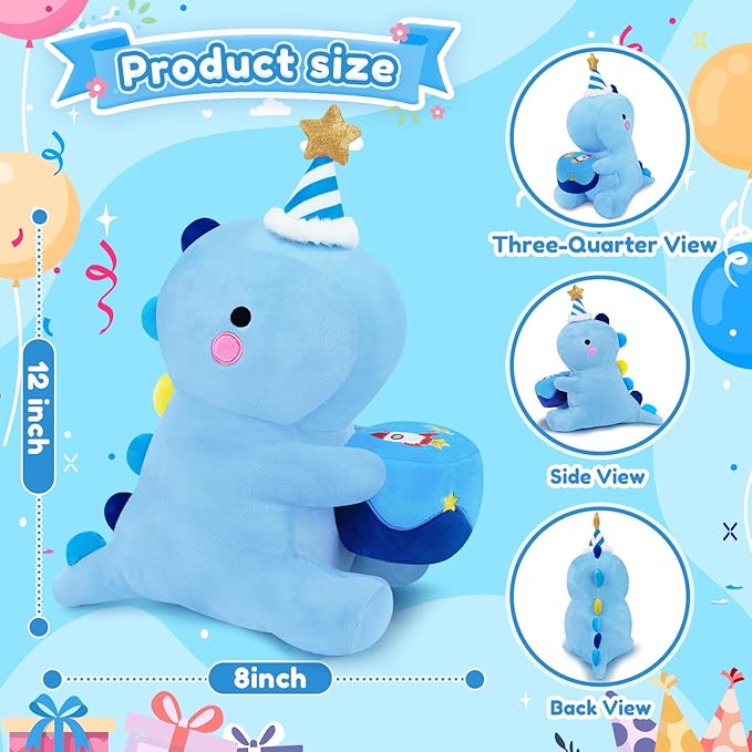 SQEQE Dinosaur Stuffed Animal, Cute Dinosaur Plush Toys with Cake, Dino Plushies Anniversary Birthday Gift for Her Girls Boys Boyfriend Girlfriend(Blue,12 inch)