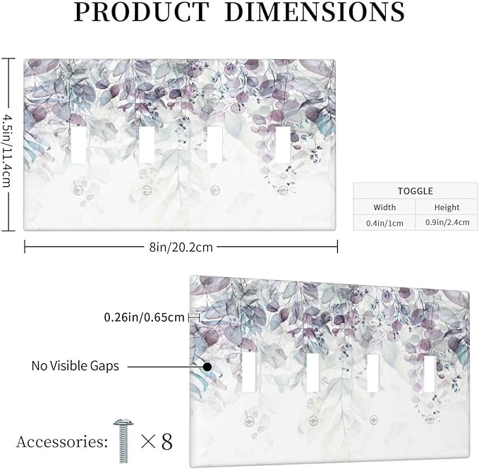 Hazy Leaves Ivy Nature Plants Eucalyptus Leave Light Switch Covers Quad Toggle Electrical Faceplate 4 Gang Wall Plate Decorative Switch Plates Cover for Bedroom Home Decor
