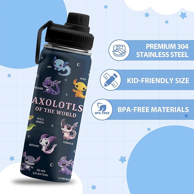 Axolotl Gifts for Girls Boys, 18 oz Stainless Steel Water Bottle with 2 Lids, Insulated Water Bottle with Straw, Axolotl Cup for Travel Sports Outdoor, Birthday Christmas Gifts (1pcs)