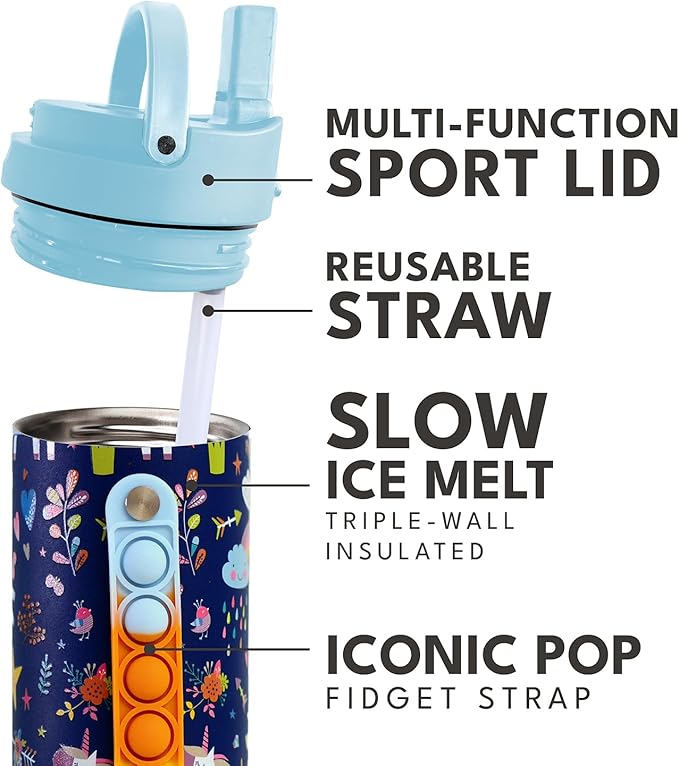Elemental Iconic Kids Water Bottle for School - 100% Leak-Proof Insulated Water Bottles with Straw Lid & Pop-It Handle for Boys & Girls - Triple-Wall Insulated & BPA-Free, 20oz – Unicorn