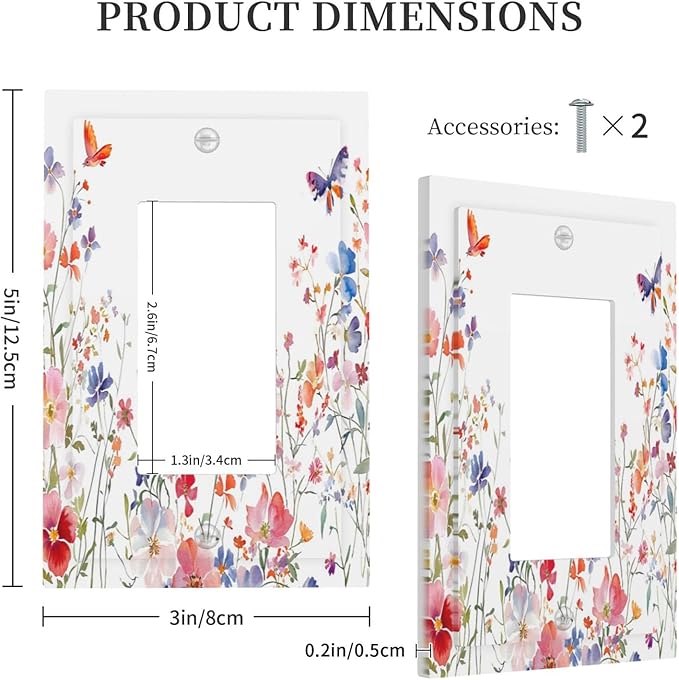 Colorful Flower Watercolor Floral Butterfly Bird Decorative Outlet Covers 1 Gang Single Rocker Light Switch Cover Plate Wall Plates GFCI Faceplate for Bedroom Living Room Decor