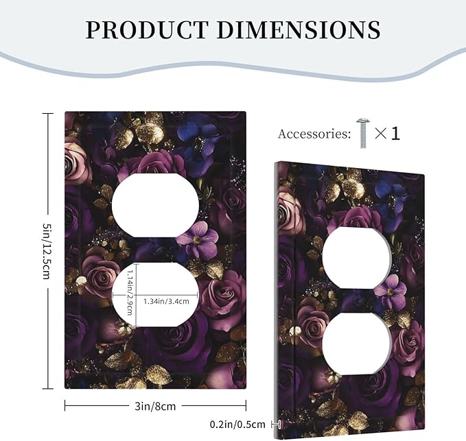 Decorative Outlet Covers with Luxurious Purple Roses Gold Accents Leaves Design 1 Gang Duplex Light Switch Cover Plate Unique Wall Plates Switchplate Cover for Romantic Bedroom/Living Room