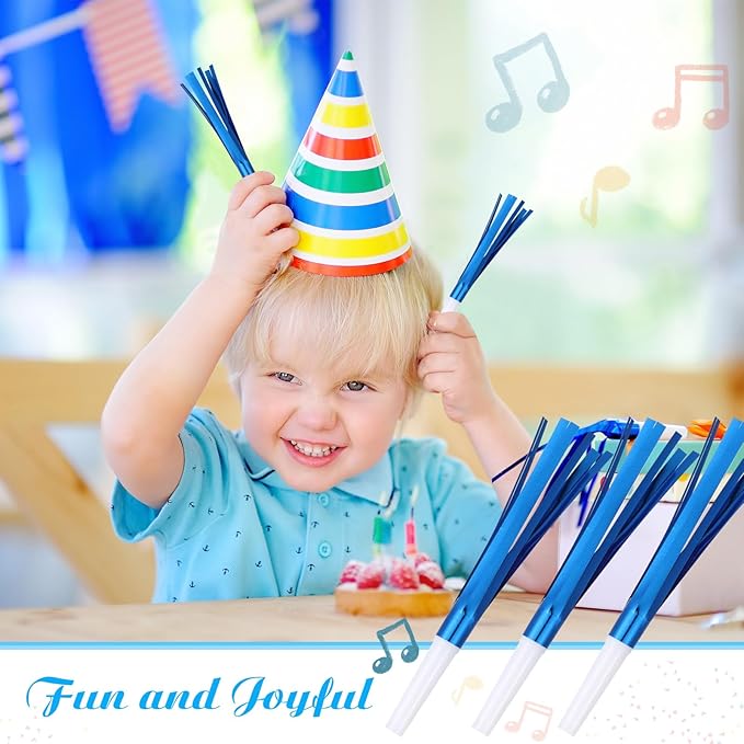 48 Pcs Noise Makers Glitter Metallic Fringed Noise Makers Horns for Baby Shower, Kids Birthday, New Year Party Favor - White Blue