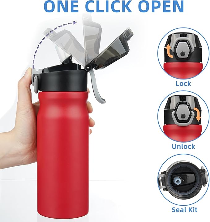 BJPKPK 18oz Insulated Water Bottle with Straw Stainless Steel Double Wall Water Bottles BPA Free Leak Proof Thermal Flask with Lockable Flip Lid and Soft Silicone Spout,Red