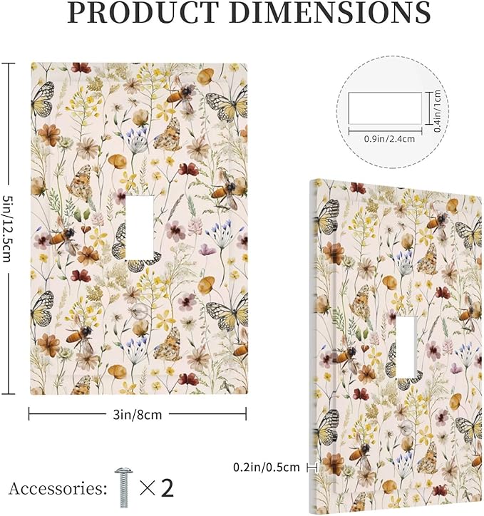 Vintage Butterflies Single Toggle Wall Plates Colorful Wildflower 1 Gang Light Switch Cover Cute Bees Switchplate Covers Decorative Beige Flower Leaves Dimmer Decor for Bedroom Kidroom