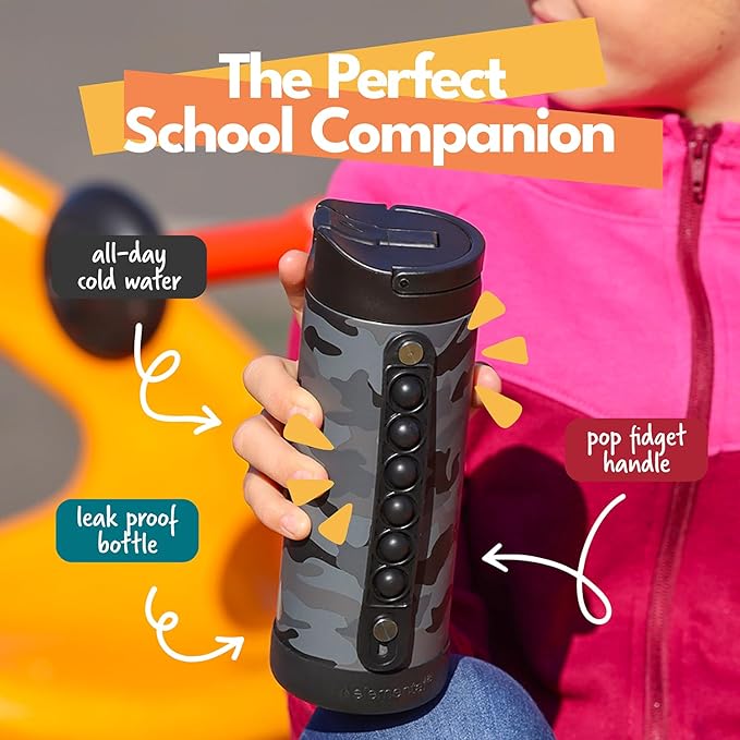 Elemental Iconic Kids Water Bottle with Straw Lid & Stress Relief Pop It Handle, Leak-Proof When Closed, Triple Insulated Kids Stainless Steel Water Bottle For Girls and Boys, 14oz - Black Camo