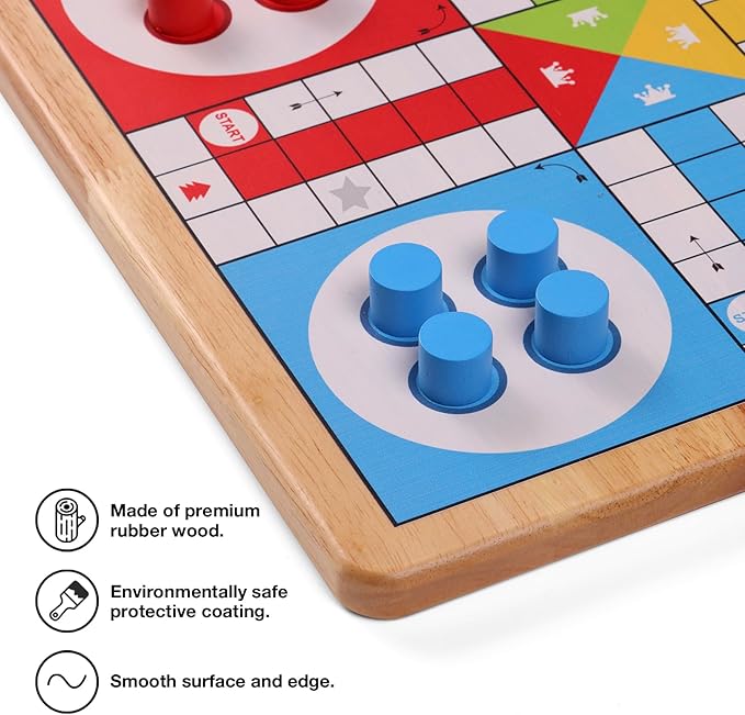 Crobyi 12 Inches Ludo Board Game + Snakes&Ladders, 2 in 1, Classic Board Game for Adults and Kids, Including 1 Game Board, 2 Dice, 16 Game Pieces, Rules and Carrying Bag.
