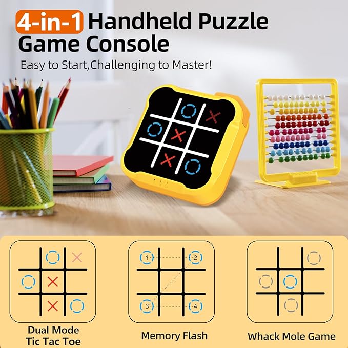 Tic Tac Toe Games for Kids: 4-in-1 Portable Sensory Puzzle Game - 6 7 8 9 10 11 12 Years Old Kids Electronic Toy for Travel Home School - Christmas Birthday Gift for Boys Girls