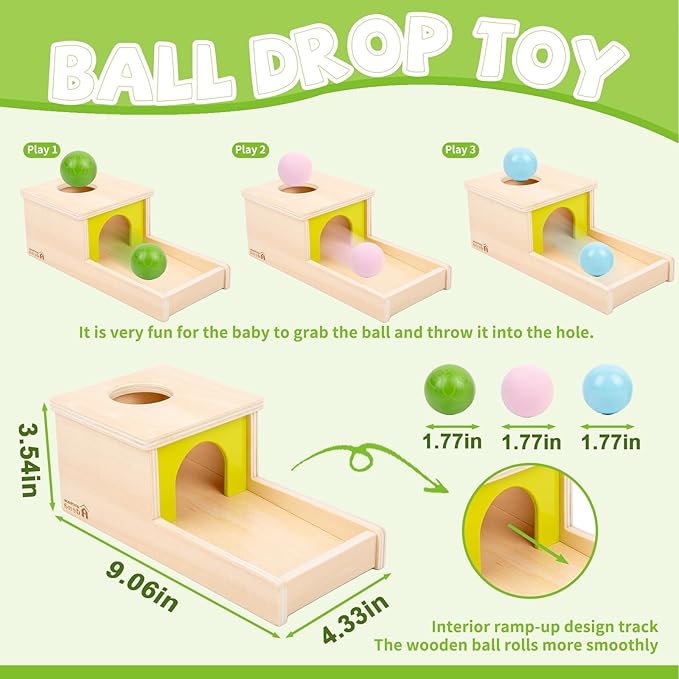 Adena Montessori Object Permanence Box with Tray Three Balls Montessori Toys for 6-12 Months Baby 1 Year Old Infant Toddler Typical