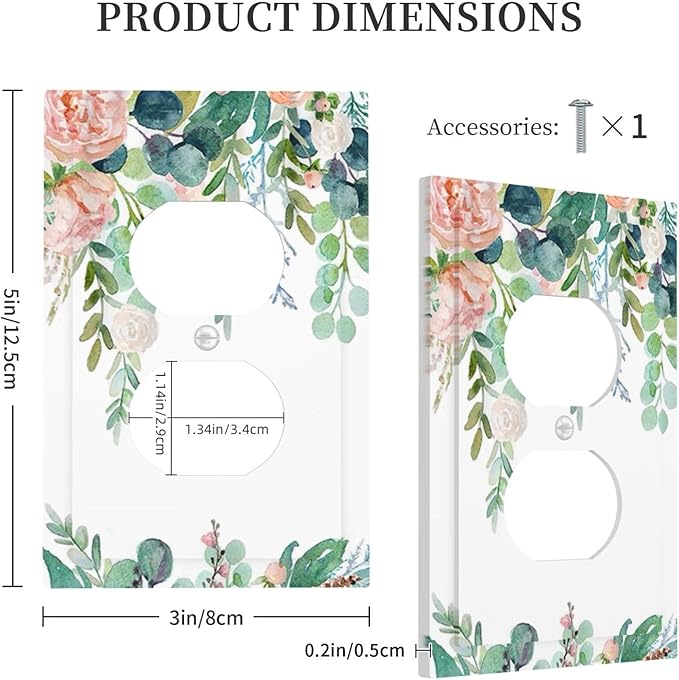 Green Eucalyptus Leaves Floral Watercolor Flower Outlet Covers 1 Gang Duplex Light Switch Cover Decorative Switch Plates Electrical Receptacle Faceplate Wall Plate for Bed Room Living Room Decor
