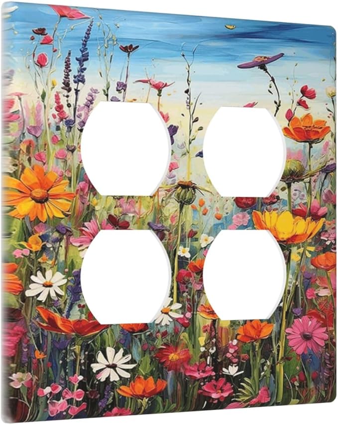 Colorful Wildflowers Painting Floral Flower Outlet Covers 2 Gang Double Duplex Decorative Light Switch Covers Electrical Wallplates Socket Faceplate for Bedroom Living Room Decor
