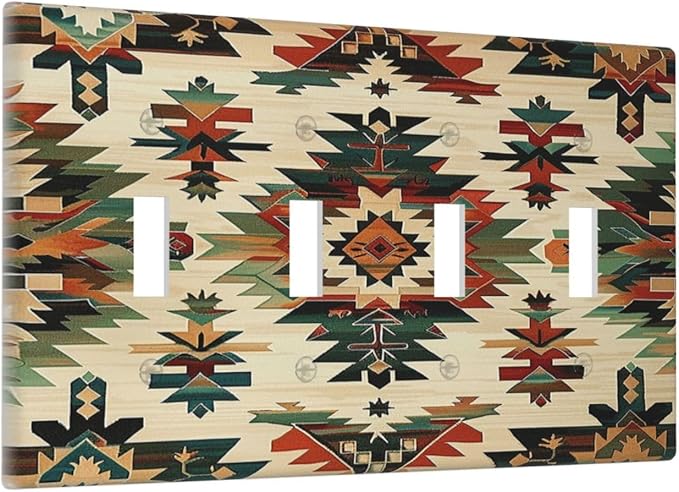 Light Switch Covers Southwest Rustic American Indian Aztec Boho Quad Toggle Electrical Faceplate 4 Gang Wall Plate Decorative Switch Plates for Bed Room living Room Decor