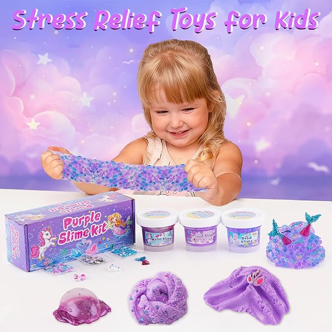 3 x 100mL Purple Slime Kit for Girls & Boys: Includes Cloud, Water & Mermaid Crunchy Slime, Sensory Experience DIY Slimes Set, Slimes Party Favors for Kids Birthday Easter Halloween Teens Gift