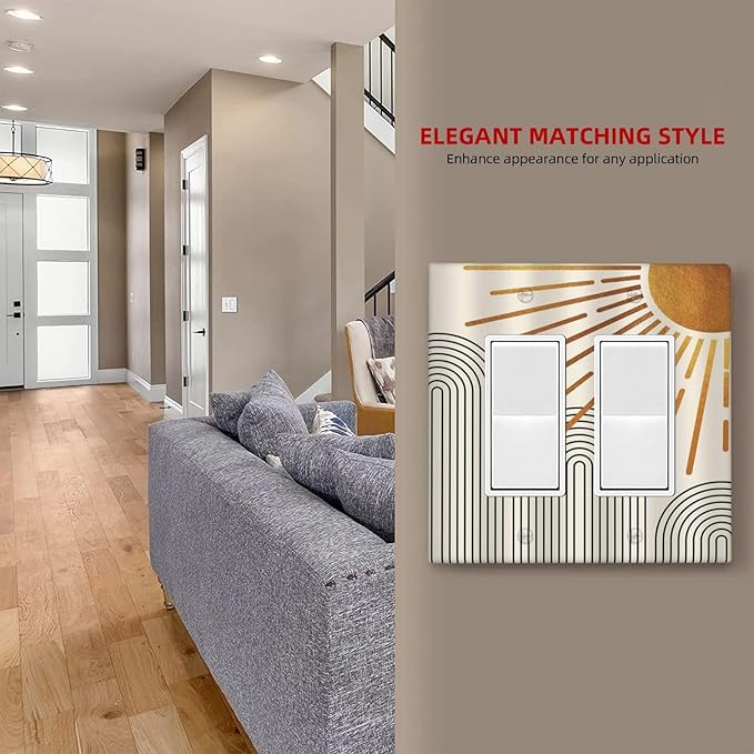 Mid Century Beige Boho Abstract Sun Vintage Arch 2 Gang Rocker Decora Light Switch Covers Decorative Outlet Covers Wall Plate Electrical Faceplate Switchplate GFCI for Country Bathroom Bedroom Decor