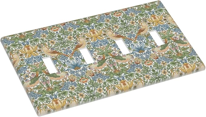 William Morris Strawberry Thrush Birds Quad Toggle Light Switch Cover Vintage Floral Flowers Plant 4 Gang Wall Plate Decorative Electrical Switchplates Covers for Country Bedroom Home Décor