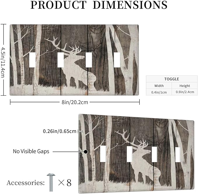 Vintage Wood Forest Deer Wildlife Animal Silhouette Light Switch Covers Quad Toggle Electrical Faceplate 4 Gang Wall Plate Decorative Switch Plates Cover for Farmhouse Home Decor