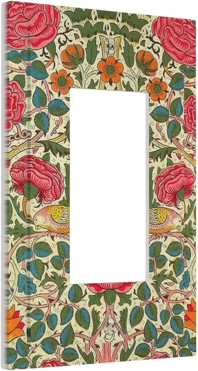 William Morris Roses Floral Single Light Switch Cover Plate VintageTulip Flower Plant Bird 1 Gang Rocker Outlet Covers Switchplate Decorative Electrical Faceplates for Bedroom Kitchen Décor