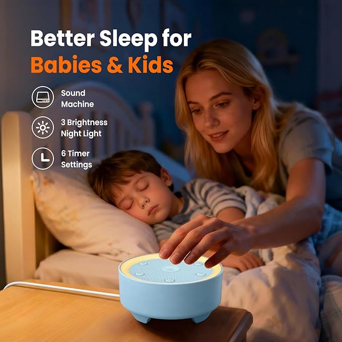 Kipcush Baby & Kids White Noise Sound Machine w/Night Light, 21 Non-Looping Sounds, 6 Timers (15-120 min & 8H), Memory, USB Powered for Nursery, Home & Travel