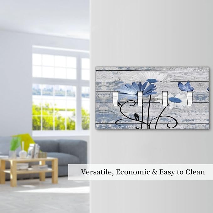 Blue White Daisy Flower Butterfly Rustic Wood Board Light Switch Covers Quad Toggle Electrical Faceplate 4 Gang Wall Plate Decorative Switch Plates Cover for Farmhouse Bedroom Decor