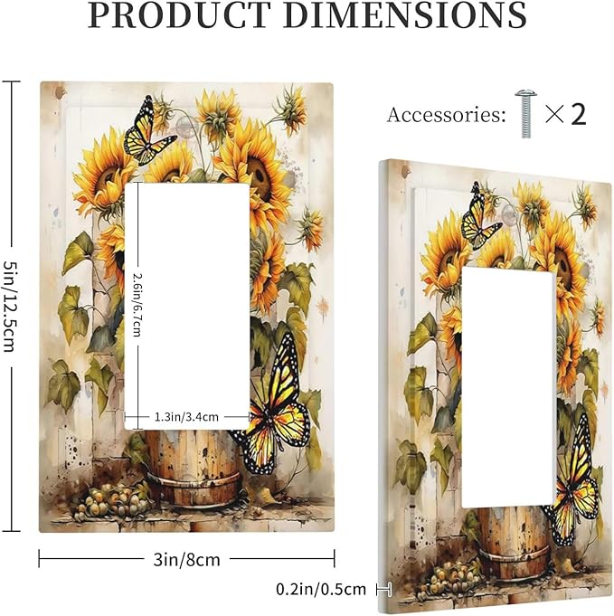 Decorative Outlet Covers Rustic Vintage Sunflower Bouquet Butterfly 1 Gang Single Rocker Light Switch Cover Plate Wall Plates GFCI Faceplate for Farmhouse Cabin Decor