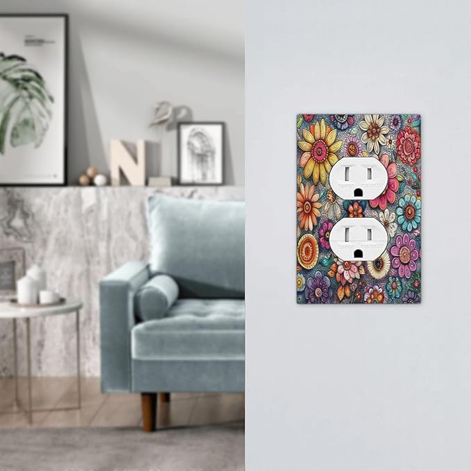 Outlet Covers Colorful Rainbow Pointillisme Flower 1 Gang Duplex Light Switch Cover Decorative Switch Plates Electrical Receptacle Faceplate Wall Plate For Bed Room Home Decor