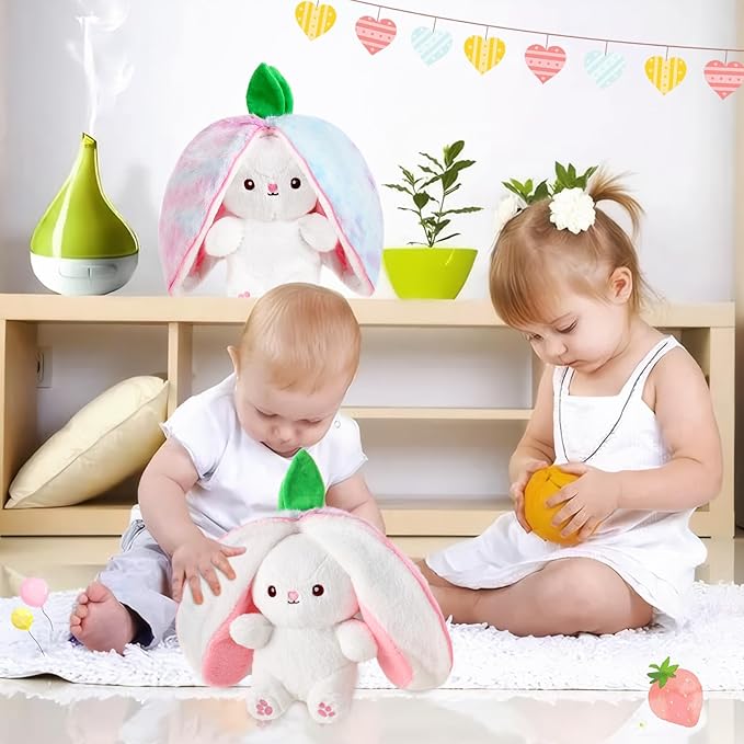 MIAODAM Rainbow Strawberry Bunny Stuffed Animal, Strawberry Bunny Plush Turn Into Rabbit Fruit Doll Pillow, Plushie Cute Bunny Toy for Kids (10 inch)