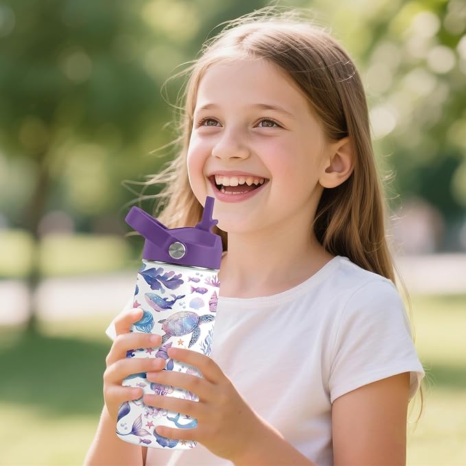 Ocean Gifts for Kids - 16 Oz Purple Water Bottle with Straw Lid, Stainless Steel Insulated Tumbler, Leak Proof, BPA-Free, for Girls & Boys, School, Beach - Marine Life Lovers Birthday Gifts (1pc)