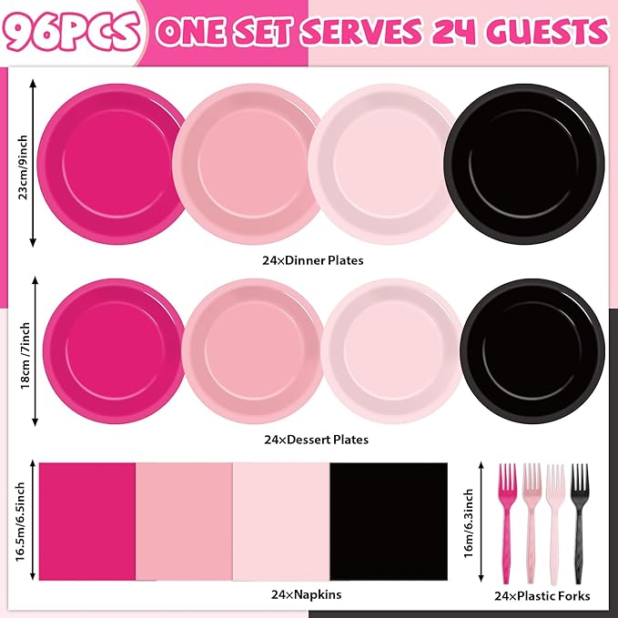 96Pcs Hot Pink and Black Party Supplies Black and Pink Paper Plates and Napkins Birthday Decorations Disposable Tableware Set for Women Girls Bachelorette Birthday Wedding Party Decorations Serves 24