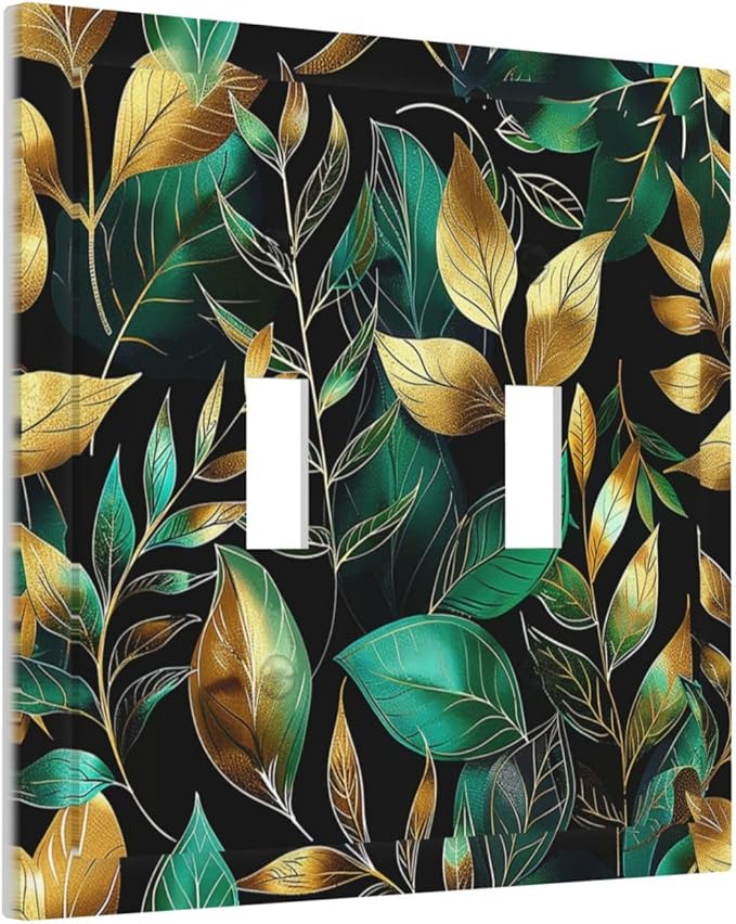 Decorative Switch Plates Vintage Dark Green Vine Leaf Golden Plants 2 Gang Double Toggle Outlet Light Switch Cover Wall Plate Electrical Faceplate for Bed Room Cabin Decor
