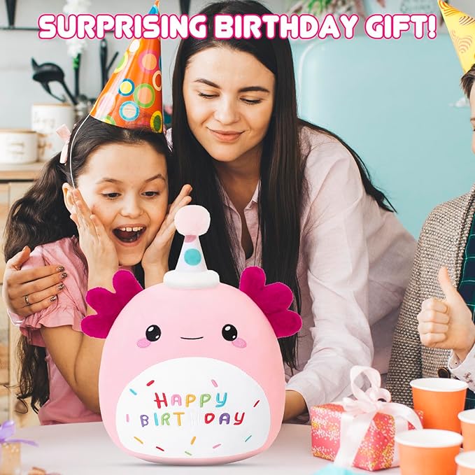 SQEQE Happy Birthday Axolotl Plush Axolotl Stuffed Animal Toy Pink Birthday Plushies Home Decor for Girls Boys Kids（8Inch