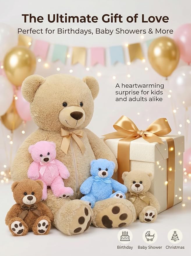 MaoGoLan 5Pcs Big Teddy Bear Plush with 4 Babies,41" Cuddly Giant Bear Stuffed Animal with Zipper Storage for Small Teddy Bear Plushies in Bulk for Baby Shower,Party Favor,Decorations,Kids,Adults