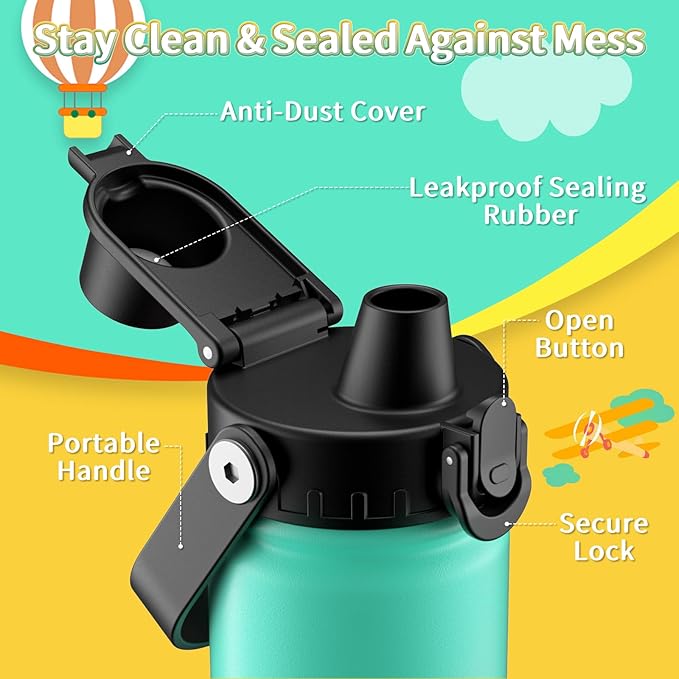 baab 18oz Kids Water Bottle, Insulated Kids Water Bottle with Lockable Spout Lid & Stickers, 18/8 Stainless Steel Vacuum Leakproof Kid Water Cup with Boy Girl & School (Mint Green, 1 Pack)